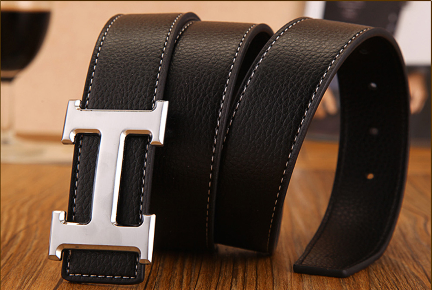 Mens Black Hermes H Silver Buckle Belt zavael.com